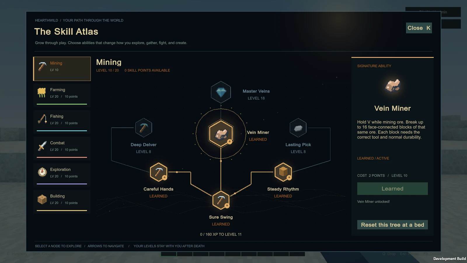The Mining skill tree, with the Vein Miner ability unlocked in the Skill Atlas.